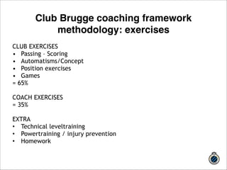 CLUB EXERCISES 
• Passing – Scoring 
• Automatisms/Concept 
• Position exercises 
• Games 
= 65% 
! 
COACH EXERCISES 
= 35% 
! 
EXTRA 
• Technical leveltraining 
• Powertraining / injury prevention 
• Homework 
!!! 
Club Brugge coaching framework 
methodology: exercises 
 