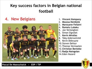 Key success factors in Belgian national 
football 
4. New Belgians 
Pascal De Maesschalck - EDP / TIP 
1. Vincent Kompany 
2. Moussa Dembele 
3. Marouane Fellaini 
4. Romelu Lukaku 
5. Jan Vertonghen 
6. Simon Signolet 
7. Kevin Mirallas 
8. Toby Alderweireld 
9. Kevin Debruyne 
10.Steven Defour 
11.Thomas Vermaelen 
12.Christian Benteke 
13.Radja Naingolan 
14.Eden Hazard 
 