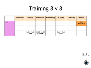 Training 8 v 8 
maandag dinsdag woensdag donderdag vrijdag zaterdag Zondag 
u10 ! 10u00 
WEDSTRIJD 
!! 
18u00 – 19u30 
TEAM 18u00 – 19u30 
TECHNICAL 
18u00 – 19u30 
TEAM 
! 
201 
3 - 
201 
4 
 