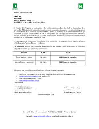 Carrera 15 Calle 12N conmutador: 7460100-fax:7460111-Armenia Quindío
Web site: www.uniquindio.edu.co email:uq@uniquindio.e...