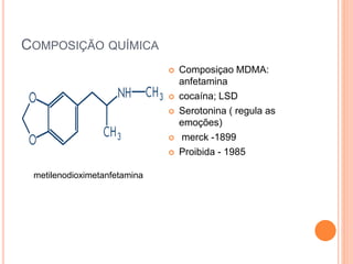 COMPOSIÇÃO QUÍMICA
 Composiçao MDMA:
anfetamina
 cocaína; LSD
 Serotonina ( regula as
emoções)
 merck -1899
 Proibida - 1985
metilenodioximetanfetamina
 