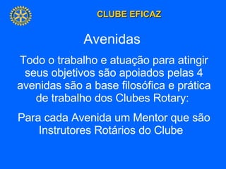 Avenidas  Todo o trabalho e atuação para atingir seus objetivos são apoiados pelas 4 avenidas são a base filosófica e prática de trabalho dos Clubes Rotary:  Para cada Avenida um Mentor que são Instrutores Rotários do Clube  