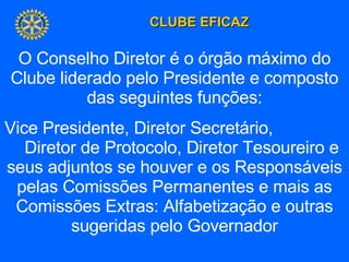 O Conselho Diretor é o órgão máximo do Clube liderado pelo Presidente e composto das seguintes funções: Vice Presidente, Diretor Secretário,  Diretor de Protocolo, Diretor Tesoureiro e seus adjuntos se houver e os Responsáveis pelas Comissões Permanentes e mais as Comissões Extras: Alfabetização e outras sugeridas pelo Governador 