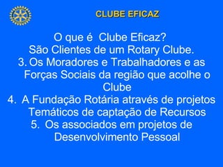 O que é  Clube Eficaz?  São Clientes de um Rotary Clube. Os Moradores e Trabalhadores e as Forças Sociais da região que acolhe o Clube A Fundação Rotária através de projetos Temáticos de captação de Recursos Os associados em projetos de Desenvolvimento Pessoal 