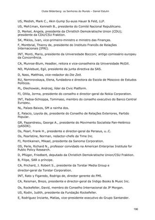 Clube Bilderberg: os Senhores do Mundo – Daniel Estulin
196
US, Medish, Mark C., Akin Gump Su-auss Hauer & Feld, LLP.
US, Meh1man, Kenneth B., presidente do Comité Nacional Republicano.
D, Merkel, Angela, presidente da Christlich Demokratische Union (CDU);
presidente da CDU/CSU Fraktion.
SK, Miklos, Ivan, vice-primeiro-ministro e ministro das Finanças.
F, Montbrial, Thierry de, presidente do Instituto Francês de Relações
Internacionais (IFRI).
INT, Monti, Mario, presidente da Universidade Bocconi; antigo comissário europeu
da Concorrência.
CA, Munroe-Blum, Headter, reitora e vice-conselheira da Universidade McGill.
NO, Myklebust, Egil, presidente da junta directiva da SAS.
D, Nass, Matthias, vice-redactor do Die Zeit.
RU, Nemirovskaya, Elena, fundadora e directora da Escola de Moscovo de Estudos
Políticos.
PL, Olechowski, Andrzej, líder da Civic Platform.
FI, Ollila, Jorma, presidente do conselho e director-geral da Nokia Corporation.
INT, Padoa-Schioppa, Tommaso, membro do conselho executivo do Banco Central
Europeu.
NL, Países Baixos, SM a rainha dos.
E, Palacio, Loyola de, presidente do Conselho de Relações Exteriores, Partido
Popular.
GR, Papandreou, George A., presidente do Movimento Socialista Pan-Helénico
(pASOK).
Os, Pearl, Frank H., presidente e director-geral da Perseus, u..C.
Os, Pearlstine, Norman, redactor-chefe da Time Inc.
FI, Pentikainen, Mikael, presidente da Sanoma Corporation.
OS, Perle, Richard N., professor convidado na American Enterprise Institute for
Public Policy Research.
D, Pflüger, Friedbert, deputado da Christlich Demokratische Union/CSU Fraktion.
B, Filipe, SAR o príncipe.
CA, Prichard, J. Robert S., presidente da Torstar Media Group e
director-geral da Torstar Corporation.
INT, Rato y Figaredo, Rodrigo de, director gerente do FMI.
CA, Reisman, Brezo, presidente e director-geral da Indigo Books & Music Inc.
Os, Rockefeller, David, membro do Conselho Internacional da JP Morgan.
US, Rodin, Judith, presidente da Fundação Rockefeller.
E, Rodríguez Inciarte, Matías, vice-presidente executivo do Grupo Santander.
 