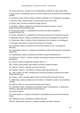 Clube Bilderberg: os Senhores do Mundo – Daniel Estulin
197
US, Ross, Dennis B., director do The Washington Institute for Near East Policy.
F, Roy, Olivier, investigador sénior do Centre National de la Recherche Scientifique
(CNRS).
P, Sarmento, Nuno Morais, antigo ministro de Estado e da Presidência; deputado.
I, Scaroni, Paolo, director-geral e director gerente da Enel, SpA.
D, Schily, Otto, ministro da Administração Interna.
A, Scholten, Rudolf, membro do conselho de directores executi- vos do
Oesterreichische Kontrollbank AG.
D, Schrempp,Jürgen E., presidente do conselho de administração da
DaimlerChrysler AG.
D, Schulz, Ekkehard D., presidente do conselho executivo da ThyssenKrupp AG.
E, Sebastián Gascón, Miguel, conselheiro económico do presidente do Governo.
IL, Sharansky, Natan, antigo ministro responsável de Jerusalém e da Diáspora.
I, Siniscalco, Domenico, ministro da Economia e Finanças.
UK, Skidelsky, Robert, professor de Economia Política da Uni- versidade de
Warwick.
IRL, Sutherland, Peter D., presidente da Goldman Sachs International; presidente
da BP PLC.
PL, Szwajcowski, Jacek, presidente do Polska Grupa Farmaceutyczna.
FI, Tiilikainen, Teija H., director da Rede de Estudos Europeus da Universidade de
Helsínquia.
NL, Tilmant, Michel, presidente do banco ING N. v:
INT, Trichet, Jean-Claude, governador do Banco Central Europeu.
TR, Ülsever, Cüneyt, colunista do jornal Hiirriyet.
CH, Vasella, Daniel L., presidente e director-geral da Novartis AG.
NL, Veer, Jeroen van der, presidente do comité de directores gerentes do Royal
Dutch Shell Group.
Us, Vinocur, John, correspondente sénior do International Herald Tribune.
S, Walienberg, Jacob, presidente do conselho e investidor da AB; vice-presidente
da SEB.
Us, Warner, Mark R., governador do Estado da Virgínia.
UK, Weinberg, Peter, presidente da Goldman Sachs International. D, Wissmann,
Matthias, deputado da Christlich Demokratische
UnionjCSU Fraktion.
UK, Wolf, Martin H., redactor associado e comentador de economia do Financial
Times.
INT, Wolfowitz, Paul, presidente do Banco Mundial.
INT/US, Wolfensohn, James D., antigo presidente do Banco Mundial.
 