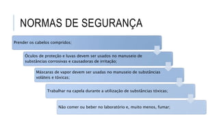NORMAS DE SEGURANÇA
Prender os cabelos compridos;
Óculos de proteção e luvas devem ser usados no manuseio de
substâncias corrosivas e causadoras de irritação;
Máscaras de vapor devem ser usadas no manuseio de substâncias
voláteis e tóxicas;
Trabalhar na capela durante a utilização de substâncias tóxicas;
Não comer ou beber no laboratório e, muito menos, fumar;
 