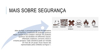 MAIS SOBRE SEGURANÇA
Além do fogo, o principal perigo de um laboratório
de Química, o manuseio de produtos químicos
requer sempre muito cuidado e atenção. Os produtos
químicos são divididos em diferentes classes:
inflamável, explosivo, corrosivo, tóxico e
irritante/perigoso. Cada substância pode ser incluída
em mais de um grupo. Essas classes são
representadas pelos símbolos na Figura 1.
 