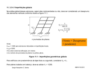 11. 3.3 4.1 Imperfeições globais

Na análise global dessas estruturas, sejam elas contraventadas ou não, deve ser considerado um desaprumo
dos elementos verticais conforme mostra a figura 11.1.




                                                                             (Vento + Desaprumo
Onde:                                                                        = pendente)
 1min = 1/300 para estruturas reticuladas e imperfeições locais;
 1máx=1/200;
H é a altura total da edificação, em metros
n é o núm ero de prumadas de pilares no pórtico plano.

                                     Figura 11.1 - Imperfeições geométricas globais

Para edifícios com predominância de lajes lisas ou cogumelo, considerar  a =  1.

Para pilares isolados em balanço, deve-se adotar  1 = 1/200.
        Sergio Hampshire C. Santos                                                    NBR 6118:2012
 
