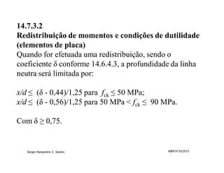 14.7.3.2
Redistribuição de momentos e condições de dutilidade
(elementos de placa)
Quando for efetuada uma redistribuição, sendo o
coeficiente δ conforme 14.6.4.3, a profundidade da linha
neutra será limitada por:

x/d ≤ (δ - 0,44)/1,25 para fck ≤ 50 MPa;
x/d ≤ (δ - 0,56)/1,25 para 50 MPa < fck ≤ 90 MPa.

Com δ ≥ 0,75.


   Sergio Hampshire C. Santos                 NBR 6118:2012
 
