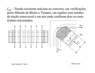 fcd2 – Tensão resistente máxima no concreto, em verificações
pelos Método de Bielas e Tirantes, em regiões com tensões
de tração transversal e em nós onde confluem dois ou mais
tirantes tracionados.




   Sergio Hampshire C. Santos                   NBR 6118:2012
 