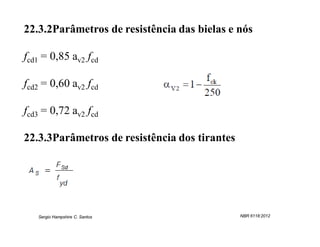 22.3.2Parâmetros de resistência das bielas e nós

fcd1 = 0,85 av2 fcd

fcd2 = 0,60 av2 fcd

fcd3 = 0,72 av2 fcd

22.3.3Parâmetros de resistência dos tirantes




   Sergio Hampshire C. Santos                  NBR 6118:2012
 