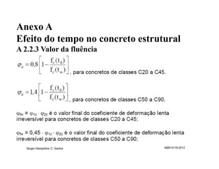 Anexo A
Efeito do tempo no concreto estrutural
A 2.2.3 Valor da fluência




   Sergio Hampshire C. Santos     NBR 6118:2012
 