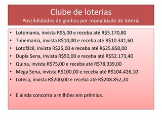 Clube de loterias
Possibilidades de ganhos por modalidade de loteria
• Lotomania, invista R$5,00 e receba até R$5.170,80
• Timemania, invista R$10,00 e receba até R$10.341,60
• Lotofácil, invista R$25,00 e receba até R$25.850,00
• Dupla Sena, invista R$50,00 e receba até R$52.173,40
• Quina, invista R$75,00 e receba até R$78.339,00
• Mega Sena, invista R$100,00 e receba até R$104.426,10
• Loteca, invista R$200,00 e receba até R$208.852,20
• E ainda concorra a milhões em prêmios.
 