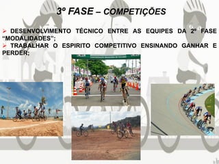 3º FASE – COMPETIÇÕES
 DESENVOLVIMENTO TÉCNICO ENTRE AS EQUIPES DA 2º FASE
“MODALIDADES”;
 TRABALHAR O ESPIRITO COMPETITIVO ENSINANDO GANHAR E
PERDER;
 