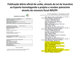 
Publicação diário oficial da união, através da Lei de Incentivo
ao Esporte homologando o projeto a receber patrocínio
através da renuncia fiscal IRPJ/PF.
 