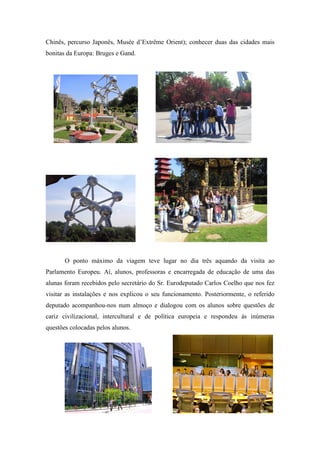 Chinês, percurso Japonês, Musée d’Extrême Orient); conhecer duas das cidades mais
bonitas da Europa: Bruges e Gand.




       O ponto máximo da viagem teve lugar no dia três aquando da visita ao
Parlamento Europeu. Aí, alunos, professoras e encarregada de educação de uma das
alunas foram recebidos pelo secretário do Sr. Eurodeputado Carlos Coelho que nos fez
visitar as instalações e nos explicou o seu funcionamento. Posteriormente, o referido
deputado acompanhou-nos num almoço e dialogou com os alunos sobre questões de
cariz civilizacional, intercultural e de política europeia e respondeu às inúmeras
questões colocadas pelos alunos.
 