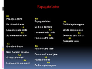 PapagaioLoiro
Ré
Papagaio loiro
De bico doirado
Lá
Leva-me esta carta
Ré
Ao meu namorado
Ré
Ele não é frade
Nem homem casado
Lá
É rapaz solteiro
Ré
Lindo como um cravo
Ré
Papagaio loiro
De bico doirado
Lá
Leva-me esta carta
Ré
Para o outro lado
Ré
Para o outro lado
Para a outra margem
Lá
Papagaio loiro
Ré
De linda plumagem
Ré
De linda plumagem
Linda como o oiro
Lá
Leva-me esta carta
Ré
Papagaio loiro
 