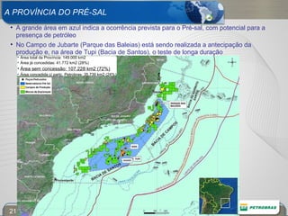 A PROVÍNCIA DO PRÉ-SAL A grande área em azul indica a ocorrência prevista para o Pré-sal, com potencial para a presença de petróleo No Campo de Jubarte (Parque das Baleias) está sendo realizada a antecipação da produção e, na área de Tupi (Bacia de Santos), o teste de longa duração Área total da Província: 149.000 km2 Área já concedidas: 41.772 km2 (28%) Área sem concessão: 107.228 km2 (72%) Área concedida c/ partc. Petrobras: 35.739 km2 (24%) 