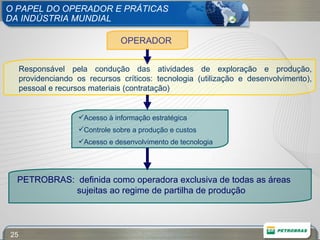 O PAPEL DO OPERADOR E PRÁTICAS DA INDÚSTRIA MUNDIAL  OPERADOR Acesso à informação estratégica Controle sobre a produção e custos Acesso e desenvolvimento de tecnologia PETROBRAS:  definida como operadora exclusiva de todas as áreas  sujeitas ao regime de partilha de produção Responsável pela condução das atividades de exploração e produção, providenciando os recursos críticos: tecnologia (utilização e desenvolvimento), pessoal e recursos materiais (contratação) 