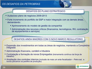 OS DESAFIOS DA PETROBRAS Audacioso plano de negócios 2009-2013 Forte incremento do portfólio de E&P e maior integração com as demais áreas, demandando: Aprimoramento do modelo de gestão da companhia Administração dos recursos críticos (financeiros, tecnológicos, RH, contratação de equipamentos e serviços) Expansão dos investimentos em todas as áreas de negócios, mantendo a Companhia integrada Administração financeira, contábil e tributária Contratação e formação de novos Empregados  (treinamento contínuo da força de trabalho) Ampliação dos controles internos  (inclusão de mais um ente fiscalizador – Petro-sal,  e novos parceiros na partilha de produção)  DESAFIOS DO PLANO ESTRATÉGICO DESAFIOS AINDA MAIORES COM O NOVO MARCO REGULATÓRIO 