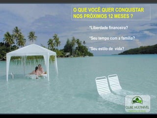 *Liberdade financeira?
*Seu tempo com a família?
*Seu estilo de vida?
O QUE VOCÊ QUER CONQUISTAR
NOS PRÓXIMOS 12 MESES ?
 