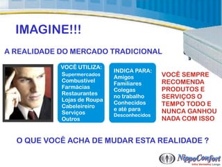 IMAGINE!!!
A REALIDADE DO MERCADO TRADICIONAL

            VOCÊ UTILIZA:
                             INDICA PARA:
            Supermercados
                             Amigos          VOCÊ SEMPRE
            Combustível                      RECOMENDA
                             Familiares
            Farmácias                        PRODUTOS E
                             Colegas
            Restaurantes
            Lojas de Roupa
                             no trabalho     SERVIÇOS O
                             Conhecidos      TEMPO TODO E
            Cabeleireiro
                             e até para      NUNCA GANHOU
            Serviços         Desconhecidos
            Outros                           NADA COM ISSO


  O QUE VOCÊ ACHA DE MUDAR ESTA REALIDADE ?
 