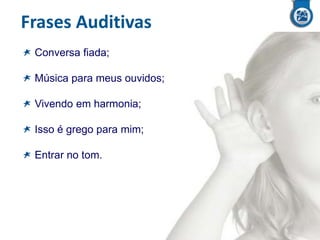 Frases Auditivas
Conversa fiada;
Música para meus ouvidos;
Vivendo em harmonia;
Isso é grego para mim;
Entrar no tom.

 