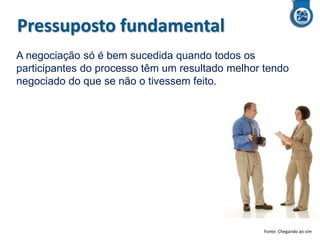 Pressuposto fundamental
A negociação só é bem sucedida quando todos os
participantes do processo têm um resultado melhor tendo
negociado do que se não o tivessem feito.

Fonte: Chegando ao sim

 