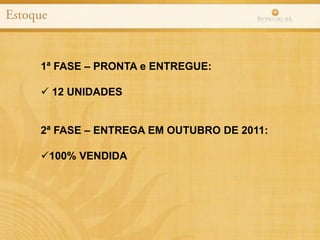 1ª FASE – PRONTA e ENTREGUE:
 12 UNIDADES
2ª FASE – ENTREGA EM OUTUBRO DE 2011:
100% VENDIDA
 