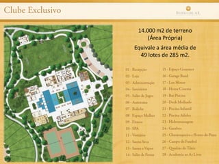 14.000 m2 de terreno
(Área Própria)
Equivale a área média de
49 lotes de 285 m2.
 