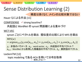 1. 2. 3. 4. 5.
12
Sense Distribution Learning (2)
Hauer らによる手法 [11]
COMP2SENSE
共起語と WordNet の synset 間距離による重みづけ
WCT-VEC
synset ごとにベクトルを導出．類似度の比較により MFS を導出
 strong baseline?
MFS 𝑤
= argmax 𝑠∈𝑆{𝜒1cos 𝒔 𝑤,𝑠, 𝒗 𝑤 + 𝜒2cos 𝒔 𝑤,𝑠, 𝒄 𝑤 + 𝜒3cos(𝒔 𝑤,𝑠, 𝒕 𝑤)}
𝜒𝑖： 非負のパラメータ，𝒗 𝑤： word vector，𝒄 𝑤： 共起語の平均ベクトル？
𝒔 𝑤,𝑠： WordNet から取得した類義語の平均ベクトル，𝒕 𝑤： 翻訳語のベクトル
精度は高くなく，メインの比較対象ではない
LexSemTM [12]
topic modeling である HCA を用いて分布を取得
 略称しかない？
 