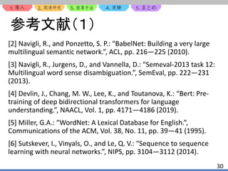 1. 2. 3. 4. 5.
30
参考文献（１）
[2] Navigli, R., and Ponzetto, S. P.: “BabelNet: Building a very large
multilingual semantic network.”, ACL, pp. 216—225 (2010).
[3] Navigli, R., Jurgens, D., and Vannella, D.: “Semeval-2013 task 12:
Multilingual word sense disambiguation.”, SemEval, pp. 222—231
(2013).
[4] Devlin, J., Chang, M. W., Lee, K., and Toutanova, K.: “Bert: Pre-
training of deep bidirectional transformers for language
understanding.”, NAACL, Vol. 1, pp. 4171—4186 (2019).
[5] Miller, G.A.: “WordNet: A Lexical Database for English.”,
Communications of the ACM, Vol. 38, No. 11, pp. 39—41 (1995).
[6] Sutskever, I., Vinyals, O., and Le, Q. V.: “Sequence to sequence
learning with neural networks.”, NIPS, pp. 3104—3112 (2014).
 