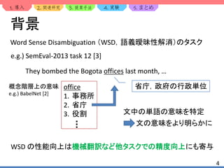 1. 2. 3. 4. 5.
4
背景
Word Sense Disambiguation （WSD，語義曖昧性解消）のタスク
WSD の性能向上は機械翻訳など他タスクでの精度向上にも寄与
They bombed the Bogota offices last month, …
省庁，政府の行政単位
e.g.) SemEval-2013 task 12 [3]
office
1. 事務所
2. 省庁
3. 役割 文中の単語の意味を特定
文の意味をより明らかに
概念階層上の意味
e.g.) BabelNet [2]
 