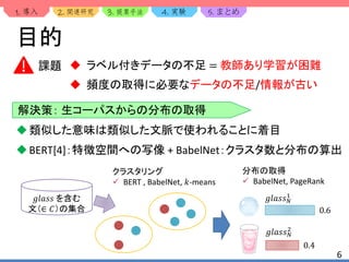 1. 2. 3. 4. 5.
6
目的
 ラベル付きデータの不足 = 教師あり学習が困難
 頻度の取得に必要なデータの不足/情報が古い
解決策： 生コーパスからの分布の取得
課題
類似した意味は類似した文脈で使われることに着目
BERT[4]：特徴空間への写像 + BabelNet：クラスタ数と分布の算出
𝑔𝑙𝑎𝑠𝑠 𝑁
2
0.4
𝑔𝑙𝑎𝑠𝑠 𝑁
1
0.6
𝑔𝑙𝑎𝑠𝑠 を含む
文（∈ 𝐶）の集合
クラスタリング
 BERT , BabelNet, 𝑘-means
分布の取得
 BabelNet, PageRank
 