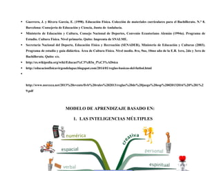 Guerrero, J. y Rivera García, E. (1998). Educación Física. Colección de materiales curriculares para el Bachillerato. N.° 8.
Barcelona: Consejería de Educación y Ciencia, Junta de Andalucía.
 Ministerio de Educación y Cultura, Consejo Nacional de Deportes, Convenio Ecuatoriano Alemán (1994a). Programa de
Estudio. Cultura Física. Nivel primario. Quito: Imprenta de SNALME.
 Secretaría Nacional del Deporte, Educación Física y Recreación (SENADER), Ministerio de Educación y Culturas (2003).
Programa de estudio y guía didáctica. Área de Cultura Física. Nivel medio. 8vo, 9no, 10mo año de la E.B. 1ero, 2do y 3ero de
Bachillerato. Quito: s/e.
 http://es.wikipedia.org/wiki/Educaci%C3%B3n_f%C3%ADsica
 http://educacionfisicavirgendelapaz.blogspot.com/2014/01/reglas-basicas-del-futbol.html

http://www.norceca.net/2013%20events/fivb%20rules%202013/reglas%20de%20juego%20esp%20020132016%20%281%2
9.pdf
MODELO DE APRENDIZAJE BASADO EN:
1. LAS INTELIGENCIAS MÚLTIPLES
 