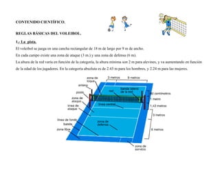 CONTENIDO CIENTÍFICO.
REGLAS BÁSICAS DEL VOLEIBOL.
1.- La pista.
El voleibol se juega en una cancha rectangular de 18 m de largo por 9 m de ancho.
En cada campo existe una zona de ataque (3 m.) y una zona de defensa (6 m).
La altura de la red varía en función de la categoría, la altura mínima son 2 m para alevines, y va aumentando en función
de la edad de los jugadores. En la categoría absoluta es de 2.43 m para los hombres, y 2.24 m para las mujeres.
 