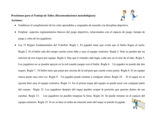 Precisiones para el Trabajo de Taller. (Recomendaciones metodológicas)
Acciones:
 Establecer el cumplimiento de los roles aprendidos y asignados de acuerdo a la disciplina deportiva.
 Emplear aspectos reglamentarios básicos del juego deportivo, relacionados con el espacio de juego, tiempo de
juego y roles de los jugadores.
 Las 15 Reglas Fundamentales del Voleibol: Regla 1. El jugador tiene que evitar que el balón llegue al suelo.
Regla 2. Si el balón sale del campo cuenta como falta y saca el equipo contrario. Regla 3. Sólo se pueden dar un
máximo de tres toques por equipo. Regla 4. Hay que ir rotando cada lugar, cada uno en el sitio de al lado. Regla 5.
Los jugadores no se pueden apoyar en la red cuando juegan con el balón. Regla 6. Un jugador no puede dar dos
toques. Regla 7. El balón tiene que pasar por encima de la red para que cuente como punto. Regla 8. Si un equipo
marca punto saca otra vez. Regla 9. Un jugador puede rematar a cualquier altura. Regla 10. Si el saque no se
ejecuta bien saca el equipo contrario. Regla 11. En el primer toque del equipo se puede tocar con cualquier parte
del cuerpo. Regla 12. Los jugadores después del saque pueden ocupar la posición que quieran dentro de sus
canchas. Regla 13. Los jugadores no pueden traspasar la línea. Regla 14. Se puede rematar en el espacio del
equipo contrario. Regla 15. Si no se hace el orden de rotación antes del saque se pierde la jugada.
 