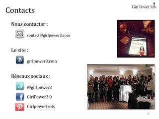 Contacts
Nous contacter :
contact@girlpower3.com

Le site :
girlpower3.com

Réseaux sociaux :
@girlpower3
GirlPower3.0
Gir...