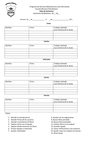 Programa de Servicios Bibliotecarios y de Información 
Escuela Mariano Feliú Balseiro 
Hoja de Asistencia 
Asistentes de B...