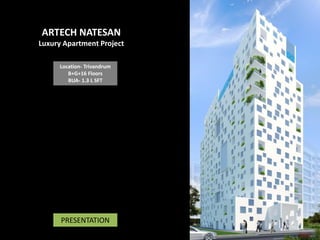 ARTECH NATESAN
Luxury Apartment Project
Location- Trivandrum
B+G+16 Floors
BUA- 1.3 L SFT

PRESENTATION

 