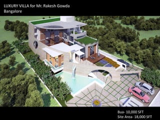 LUXURY VILLA for Mr. Rakesh Gowda
Bangalore

Bua- 10,000 SFT
Site Area- 18,000 SFT

 
