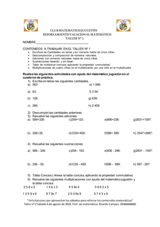 CLUB MATEMÁTICO JUGUETÓN
REFORZAMIENTO VACACIONAL MATEMÁTICO
TALLER Nº 1
NOMBRE:________________________________
CONTENIDOS A TRABAJAR EN EL TALLER Nº 1
 Escritura de Cantidades en letras y en números hasta de cinco cifras.
 Descomposición y composición de números naturales.
 Adiciones con números naturales hasta de cinco cifras.
 Sustracciones llevando y sin llevar.
 Tabla de multiplicar concisa( aplicando la propiedad conmutativa)
 Multiplicaciones de cuatro cifras en el multiplicando por una cifra en el multiplicador
Realiza las siguientes actividades con ayuda del matemático juguetón en el
cuaderno de práctica.
1) Escribe en letras las siguientes cantidades.
a) 563: e) 1 589:
a) 63: f) 3 54:
b) 128: g) 639:
c) 280: h) 2 459:
2) Descompón las cantidades anteriores.
3) Resuelve las siguientes adiciones.
a) 589+326: c)259+123: e)896+236: g)2631+1597:
b) 256+35: d)1235+459: f)596+ 589: h) 2547+2687:
4) Resuelve las siguientes sustracciones
a) 589 - 326: c)259 - 163: e)836 - 296: g)2631 - 1597:
b) 256 - 35: d)1235 - 459: f)596 - 589: h) 597 - 267:
5) Tabla Concisa ( Anexa la tabla concisa, aplicando la propiedad conmutativa)
6) Resuelve las siguientes multiplicaciones con ayuda del matemático juguetón y
la tabla concisa.
2 5 6 x 2 1 5 6 x 3 4 5 8x 4 5 9 6 3 x 5
1 2 5 9 x 6 8 7 9x 7 2 5 0 8x 8 5 7 4 3 x 9
“ Felicitaciones por aprovechar los sábados para reforzar los contenidos matemáticas”
Taller nº 2 Sábado 6 de agosto de 2016. Prof. de matemática: Ricardo Campos. 02466668660
 