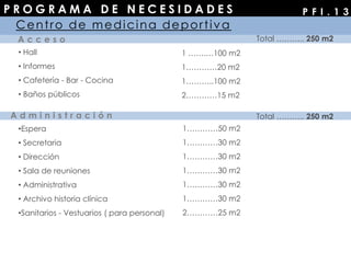 P R O G R A M A D E N E C E S I D A D E S P F I . 1 3
A c c e s o
• Hall
• Informes
• Cafetería - Bar - Cocina
• Baños públicos
A d m i n i s t r a c i ó n
•Espera
• Secretaria
• Dirección
• Sala de reuniones
• Administrativa
• Archivo historia clínica
•Sanitarios - Vestuarios ( para personal)
Centro de medicina deportiva
1 …….…100 m2
1…………20 m2
1………..100 m2
2…………15 m2
1…………50 m2
1…………30 m2
1…………30 m2
1…………30 m2
1…………30 m2
1…………30 m2
2…………25 m2
Total ……….. 250 m2
Total ……….. 250 m2
 