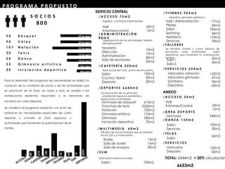 P R O G R A M A P R O P U E S TO
Para el desarrollo del programa de necesidades se realizó un
computo de la cantidad de socios y de las actividades que
se practican en el Club, en base a esto se analizó si las
instalaciones existentes responden a la demanda de
inscriptos en cada deporte.
Se modificó el programa existente con el fin de
satisfacer las necesidades espaciales de cada
deporte y sumarle al Club espacios y
actividades que fomenten la participación de la
familia.
B á s q u e t
V ó l e y
N a t a c i ó n
T e n i s
D a n z a
G i m n a s i a a r t í s t i c a
I n i c i a c i ó n d e p o r t i v a
9 0
9 0
1 0 7
3 0
2 0
3 5
3 0
72 hs/sem
39 hs/sem
39 hs/sem
15 hs/sem
12hs/sem
4hs/sem
15 hs/sem
8 0 0
S O C I O S
/ A D M I N I S T R A C I Ó N
8 0 m 2
/ D E P O R T E S 6 6 4 4 m 2
Gimnasio de básquet
Canchas de tenis
Natación
Gimnasia artística
Gimnasio
Iniciación deportiva
Hall
Informes/control
Tesorería
Dirección
Administración
Sala de reuniones
/ C A F E T E R Í A 2 2 0 m 2
Salón
Cocina / Barra
Deposito
/ A C C E S O 7 5 m 2
60m2
15m2
10m2
10m2
40m2
20m2
150m2
50m2
20m2
615m2
3350m2
720m2
170m2
780m2
70m2
/ M U L T I M E D I A 6 0 m 2
Radio
Sala de audio
Sala de ensayos
15m2
15m2
30m2
EDIFICIO CENTRAL
Ingreso, control e información
Organización de las actividades. Gestión
del presupuesto
Área social del Club, punto de encuentro.
Incorporación de un gimnasio
, ampliación espacios existentes y
reubicación actividades
Difusión de las actividades que se realicen
en el Club y a nivel barrial.
/ F I T N N E S 9 2 5 m 2
/ S U M
Salón 150m2
Aparatos, gimnasia aeróbica.
Hall / Administración
Pilates
Salón
Spinning
Aeróbica
Servicios
77m2
40m2
785m2
46m2
170m2
78m2
Salón para eventos sociales
Vestuarios natación
Vestuarios gimnasio
Sanitarios
Depósitos
/ S E R V I C I O S 2 6 4 m 2
122m2
47m2
35m2
60m2
/ D A N Z A 1 3 0 m 2
Salón
Servicios
/ S E R V I C I O S
Vestuarios
Deposito
100m2
30m2
130m2
50m2
20m2
15m2
/ A C C E S O 3 5 m 2
Hall
Informes/Control
/ Á R E A D E P O R T E
Gimnasio 940m2
ANEXO
/ T E L A S
Salón
60m2
TOTAL: 5544m2 + 20% circulación
/ T A L L E R E S
Sala 1
Sala 2
30m2
40m2
Se dictaran charlas y cursos. Espacio de
encuentro para actividades extra
deportivas que fomenten la participación
familiar
6653m2
11
0
80
210
130
444
3295
70
60
15
 
