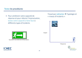 24
Testez les procédures
> Pour améliorer votre capacité de
réponse et pour réduire l’improvisation,
testez votre capacité à faire face à
différents types d’incidents
Fréquence
Impact
Travail par scénarios à Typologie et
« niveau d’incidents »
Equivalent aux exercices d’évacuation
 