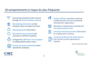 33
10 comportements à risque les plus fréquents
Connecting computers to the Internet
through an insecure wireless network.
Not deleting information on their
computer when no longer necessary.
Sharing passwords with others.
Reusing the same password and
username on different websites.
Using generic USB drives not encrypted
or safeguarded by other means.
Leaving computers unattended when
outside the workplace.
Ponemon Institute (January 2012)
Losing a USB drive possibly containing
confidential data and not immediately
notifying their organization.
Working on a laptop when traveling and
not using a privacy screen.
Carrying unnecessary sensitive information
on a laptop when traveling.
Using personally owned mobile devices
that connect to their organization’s
network.
 