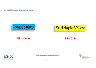35
La problématique des mots de passe
+vv6Cp#(K9
33 années
$urfNaple$P1zza
6 SIÈCLES
https://password.kaspersky.com/fr/
 