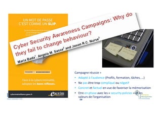 38
Campagne réussie =
• Adapté à l’audience (Profils, formation, tâches, …)
• Ne pas être trop compliqué ou négatif
• Concret et factuel en vue de favoriser la mémorisation
• Etre en phase avec les « security policies » et les
valeurs de l’organisation
 
