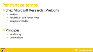 @ClubPowerBI
chez Microsoft Research : xVelocity
 Vertipaq
 PowerPivot puis Power Pivot
 ColumStore Index
Principes
...